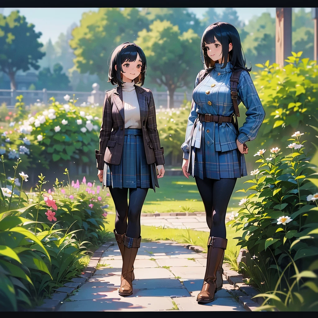 (high quality, High resolution, Super detailed, Realistic:1.37), Peaceful atmosphere, (Outdoor, garden), Teenage girl standing alone, (my breasts are big.), Beautifully detailed features, Cute Smile, (Black bob hair), Ribbed sweater, Blue plaid skirt, black tights, Brown boots.