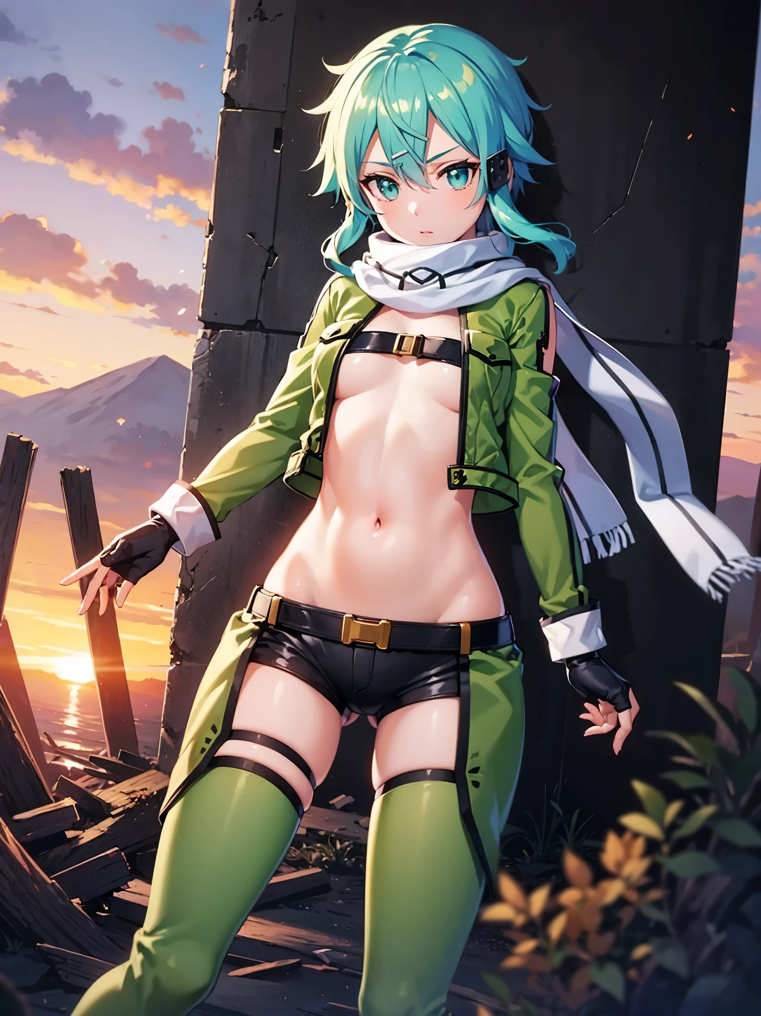 (masterpiece), best quality, expressive eyes, perfect face, highres, sinon1, scarf, fingerless gloves, long sleeves, short shorts,groin, hair ornament, hairclip, green thighhighs, green jacket,covered_nipples, thigh strap, field, sunset_ruins_landscape_background, ruined structures, dynamic_posing, looking at the viewer,,covered_navel,