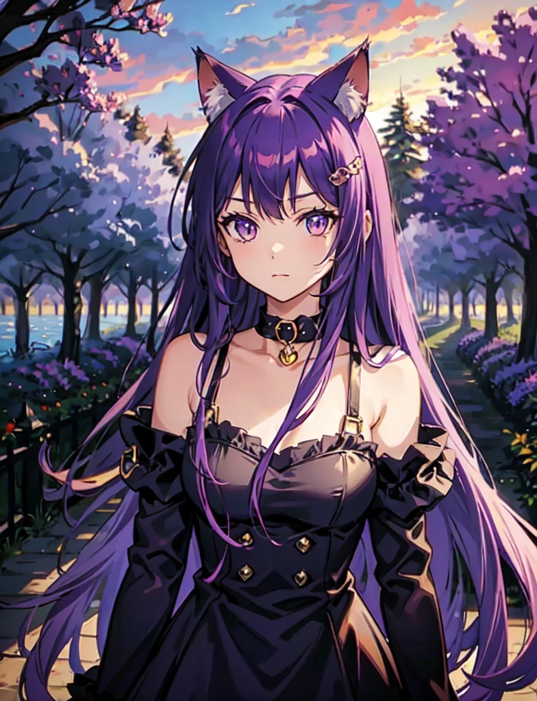 Cheshire Cat, metallic chocker, long hair, medium hair, purple hair, animal ears, cat ears original, 1girl, (solo), scenery, scene, red trees, forest, lake, autumn,