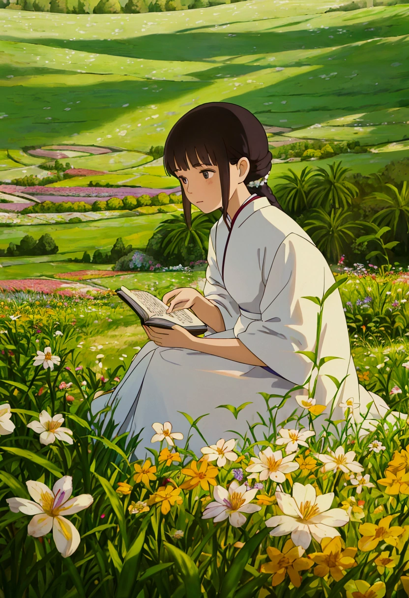 arafed woman sitting in a field of flowers reading a book, white hanfu, palace , a girl in hanfu, girl sitting in a flower field, by Yang J, sitting in a field of flowers, in a field of flowers, in a cottagecore flower garden, hanfu, in a field with flowers, girl in flowers