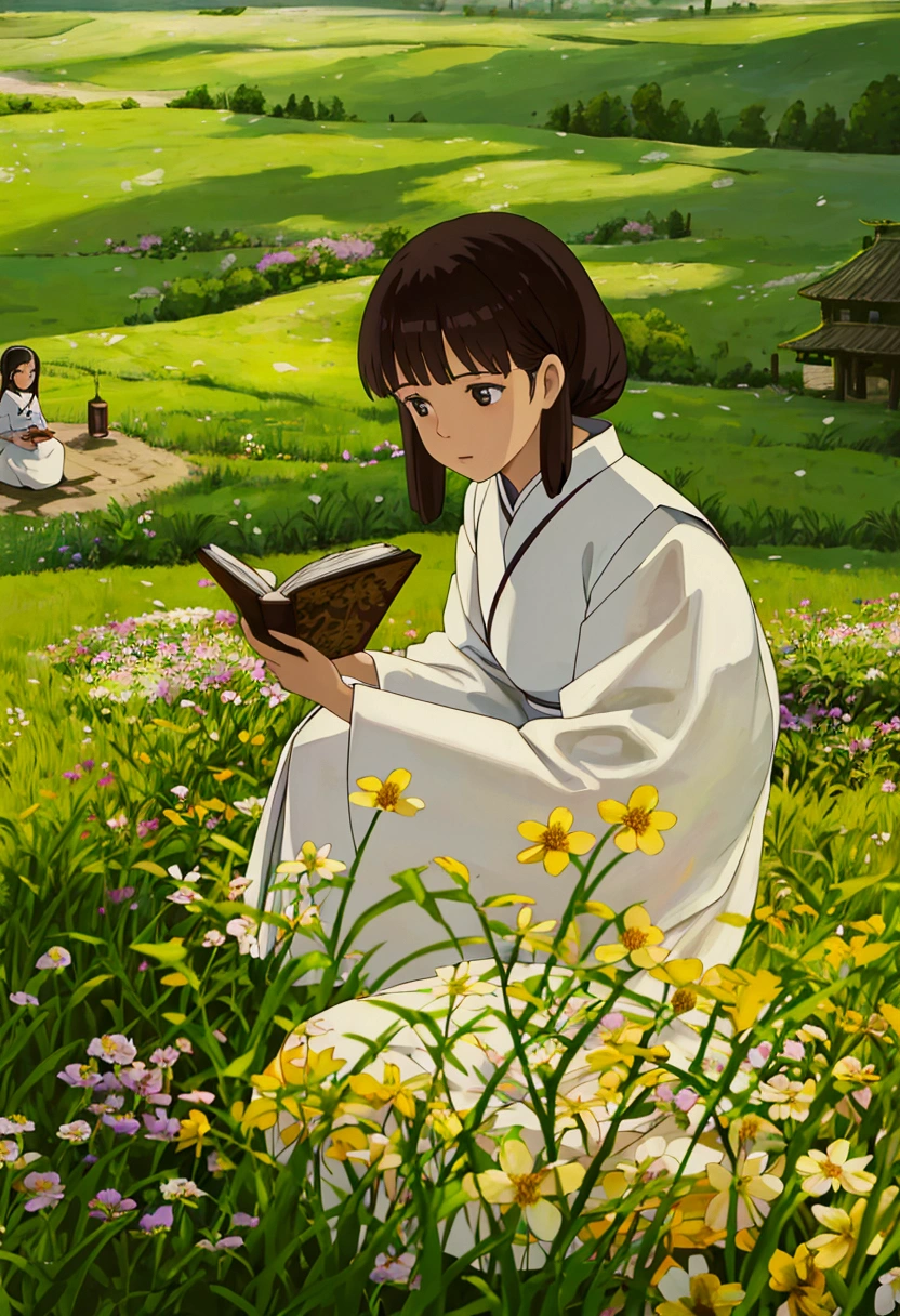 arafed woman sitting in a field of flowers reading a book, white hanfu, palace , a girl in hanfu, girl sitting in a flower field, by Yang J, sitting in a field of flowers, in a field of flowers, in a cottagecore flower garden, hanfu, in a field with flowers, girl in flowers