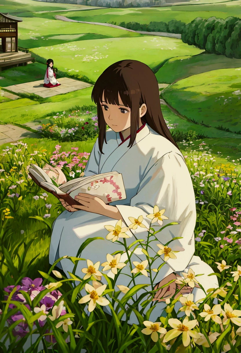 arafed woman sitting in a field of flowers reading a book, white hanfu, palace , a girl in hanfu, girl sitting in a flower field, by Yang J, sitting in a field of flowers, in a field of flowers, in a cottagecore flower garden, hanfu, in a field with flowers, girl in flowers