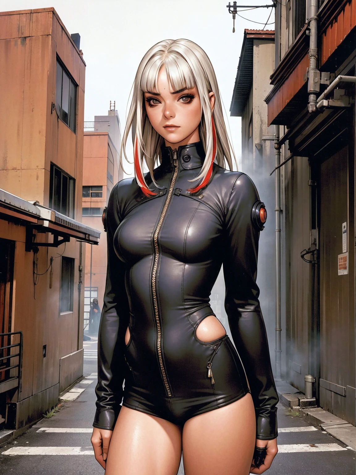 (best qualityer))), (((manga strokes))), (((white bob hair with short straight bangs and red highlights))), (((Lucy Cyberpunk the anime))), (((short shorts with 2 side stripes))), uma Kizi jovem muito bem vestida com roupas modernas de inverno, top gift vertical stripes, short jacket with high collar, beautiful and expressive face, slightly-smile, big eyes with long black eyelashes, heavy make-up, chains and spikes scattered across clothes, contrasting colours, pose de atitude, hair with a modern and futuristic cut, urban game poster art, dramatic camera angles, an abandoned factory with giant weird machines in the background, design mixing contemporary and retro, made by Shepard Fairey, (((cowboy shot))), (((best qualityer: 1.4))), (Unbeatable masterpiece), (hiper HD),(CG 8k hyper-realistic), Kizi, (((standing alone))), pirralha violent, ((())), sexly, pose de atitude, work of art, post-apocalypse, (((manga style))), bounty hunter, violent, Manic, the way you want, slenderbody, thin but strong, perfectbody, roupa moderna, advanced technology, sleeves with vertical striped pattern, intricate visual