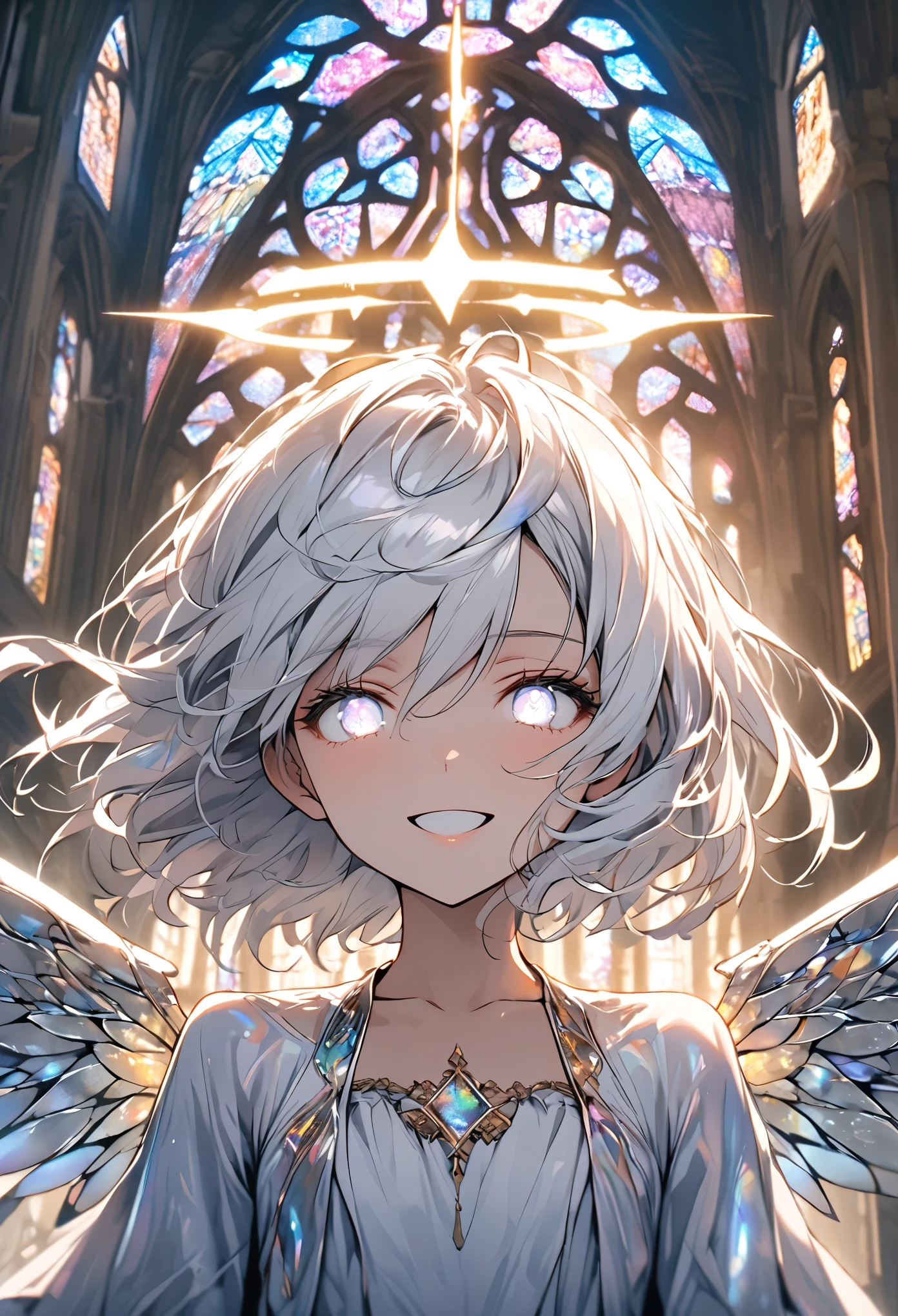solo, female, close up, summer, short hair, hair blown up by the wind, iridescent eyes, church, stained glass, huge wings, iridescent wings, flat chest, angel, iridescent hair, wide smile, day, magic, gold, jewelry, holy aura, silver hair, floating, silver eyes, glowing eyes:0.5, silver wings, glowing wings, glowing hair, gold halo, glowing halo, halo