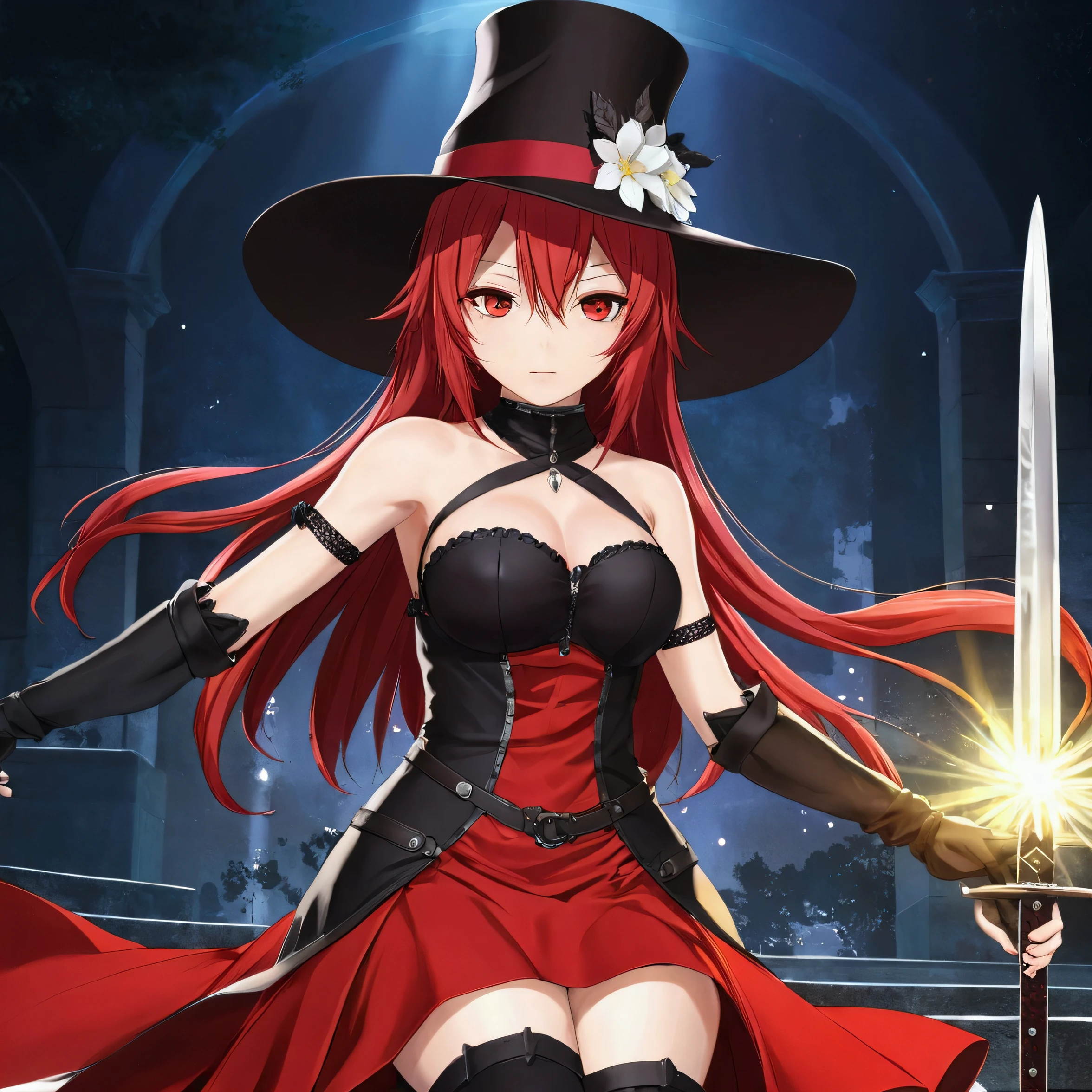 anime, anime girl, red hair, black hat, sword, red dress, red hair, black hat, red dress, red dress, red hair, red, anime art wallpaper 8 k, from arknights, anime art wallpaper 4k, anime art wallpaper 4 k, best anime 4k konachan wallpaper, gothic maiden anime girl, rias gremory,  very dedetailed, fuul body, fuul accessories, cool pose, shining, particles red and white, yellow flash, Ia ada dalam sebuah taman yang penuh dengan bunga mawar dan kepingan bunga mawar yang berjatuhan