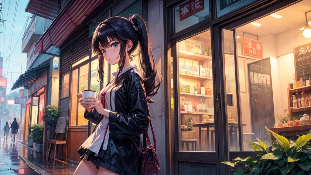 A anime girl in rain holding her umbreela on the mid of road with a cup of tee in her second hand 