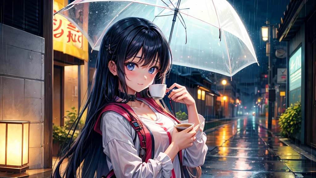 A anime girl in rain holding her umbreela on the mid of road with a cup of tee in her second hand 
