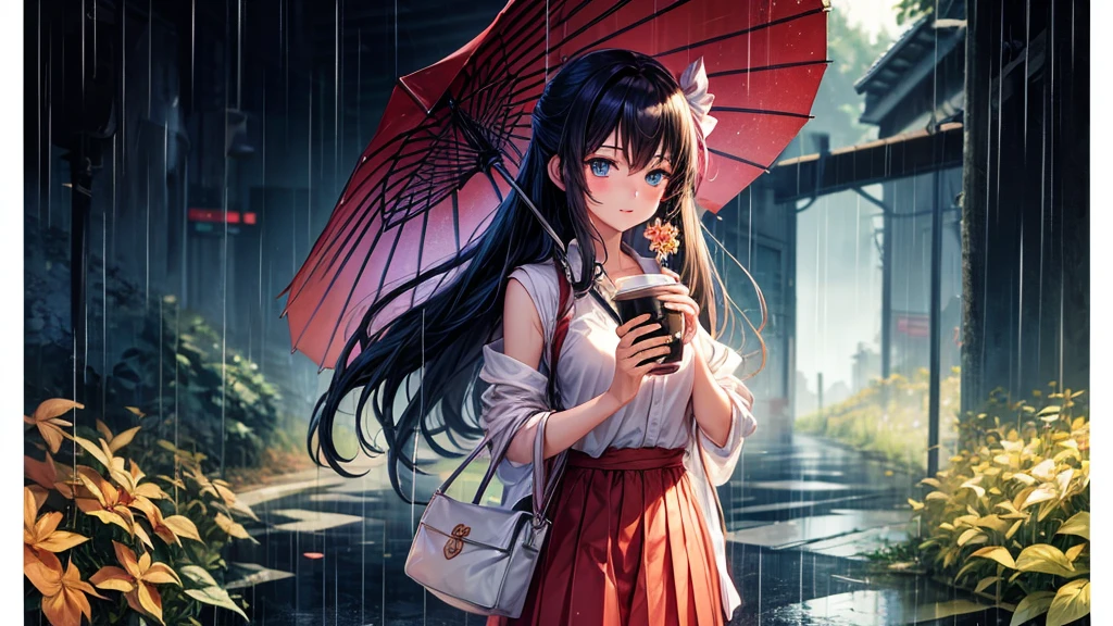 A anime girl in rain holding her umbreela on the mid of road with a cup of tee in her second hand