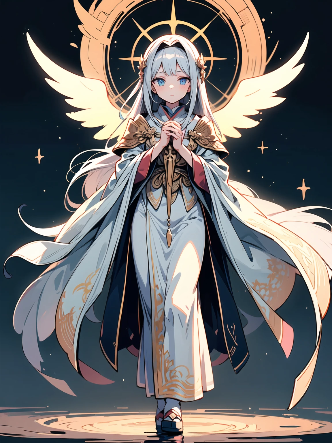 (((masterpiece, best quality, high detailed, 16k))) (1girl) A divine young girl blessed with celestial powers, her eyes glowing with heavenly light. Her long, flowing hair is a mix of silver and gold, resembling the light of stars and moon. She wears celestial robes, shimmering with white and gold, adorned with holy patterns and symbols of purity and divinity. The robes are both elegant and protective, with star-like accents that give her a heavenly appearance. She emanates a peaceful, powerful aura, and behind her, ethereal wings of light seem to form, hinting at her divine heritage. ((full body view))
