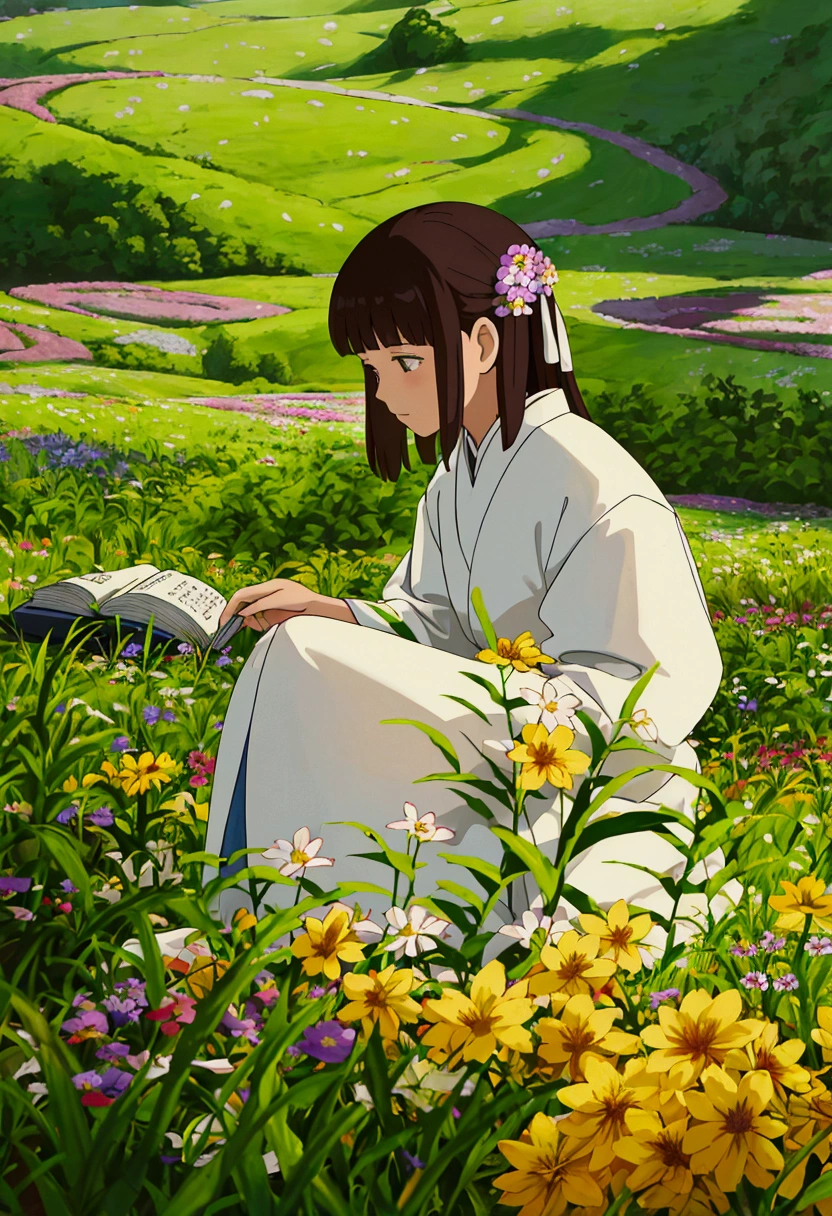 arafed woman sitting in a field of flowers reading a book, white hanfu, palace ， a girl in hanfu, girl sitting in a flower field, by Yang J, sitting in a field of flowers, in a field of flowers, in a cottagecore flower garden, hanfu, in a field with flowers, girl in flowers