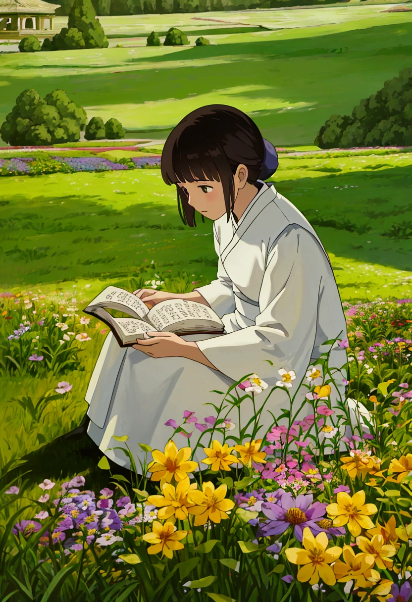 arafed woman sitting in a field of flowers reading a book, white hanfu, palace , a girl in hanfu, girl sitting in a flower field, by Yang J, sitting in a field of flowers, in a field of flowers, in a cottagecore flower garden, hanfu, in a field with flowers, girl in flowers
