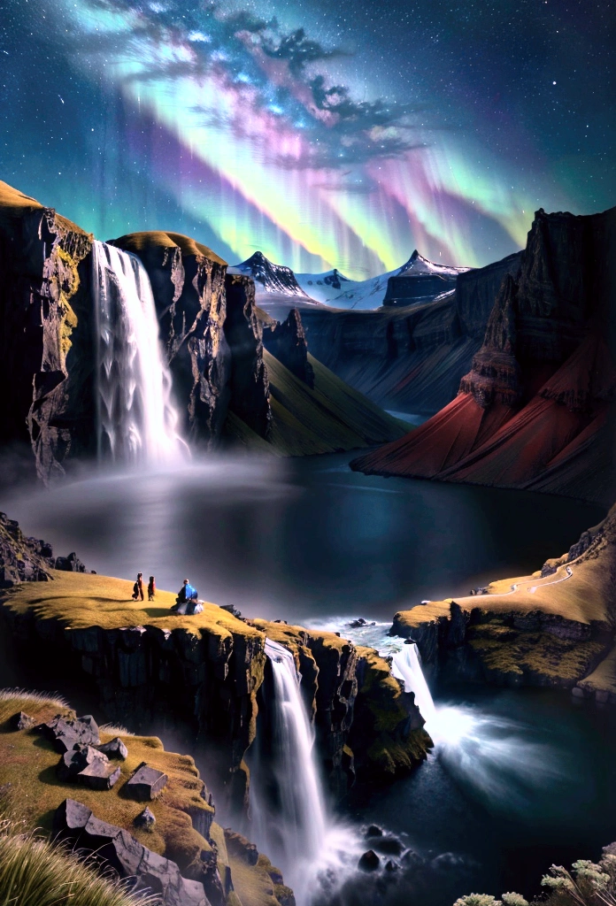 Giant waterfall_realistic fine details, EbonyGoldAI masterpiece, best quality, high quality, high resolution, (((beautiful detailed sky))), awesomeeur, country house, wonderful(magnificent, gorgeous), view(see), great view, high definition, ((best shadows)), realistic, nature, snow, landscape, clouds, snow capped mountains, rocks, hills, cliffs, trees, footpath, Iceland night sky_aurora, moonlight, ((highly detailed)), (surreal very fine details), ((very detailed and beautiful)), dynamic angle, river, best quality image quality, quiet, clear,