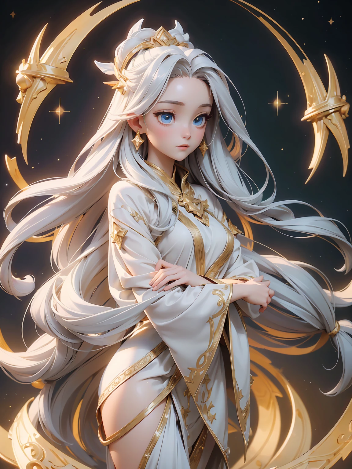 (((masterpiece, best quality, high detailed, 16k))) (1girl) A divine young girl blessed with celestial powers, her eyes glowing with heavenly light. Her long, flowing hair is a mix of silver and gold, resembling the light of stars and moon. She wears celestial robes, shimmering with white and gold, adorned with holy patterns and symbols of purity and divinity. The robes are both elegant and protective, with star-like accents that give her a heavenly appearance. She emanates a peaceful, powerful aura, and behind her, ethereal wings of light seem to form, hinting at her divine heritage. ((full body view))