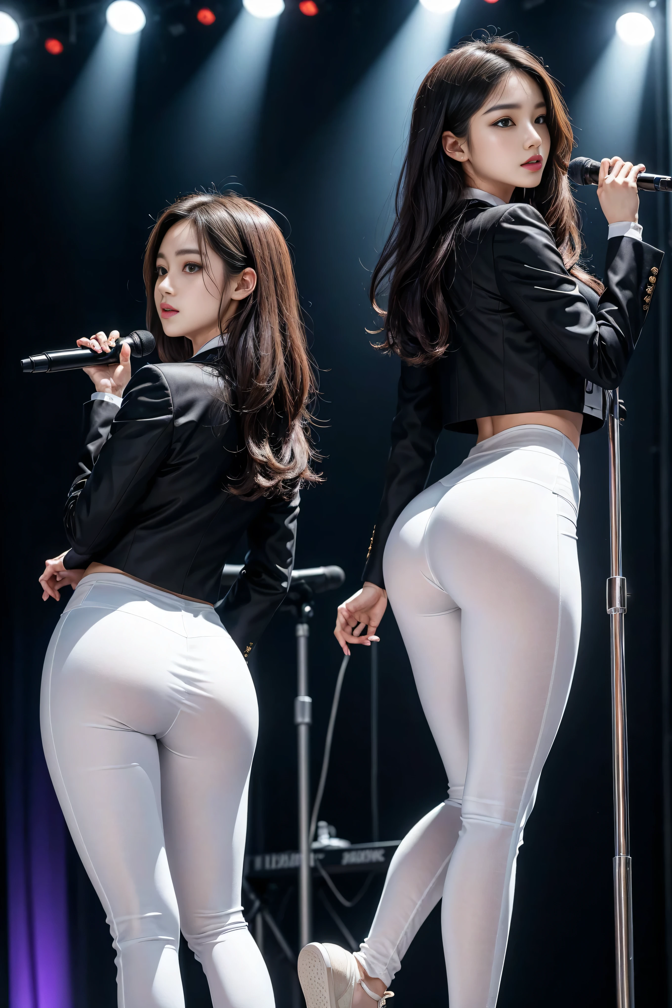 （8K，best quality，masterpiece，Practical，Very detailed：1.3），（2 girls，Beautiful Korean girl, Korean Idol），（Black Blazer：1.2），（White leggings：1.1），（Serious expression：1.2）discuss，（speech，Handheld microphone：1.2）（crowd，audience：1.3），Sexy long legs， （Thigh gap：1.5），Wide hips，S-Shaped Body， Hip lift，，Black curly hair，（Ass Focus：1.1）Shot from behind