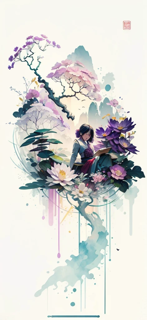 (Art by Numbers,Inks and washes:1.2)，Nobody, Mountain々, wood, Rivers，Flowers，Lotus flower，Purple Flower,沢Mountainの花(Oriental elements, Chinese colors, Senior Color Matching),  (3D sculpture，Rendering with Octane，Volumetric Light，Natural soft light，), (Very delicate:1.2, Losing focus:1.2, Very colorful, Cinema Lighting, Chiaroscuro,Ray Tracing), masterpiece, Super rich,Very detailed,8k, Zurrison_style_wonderful_wall,Based on purple,Paintings with a lot of purple