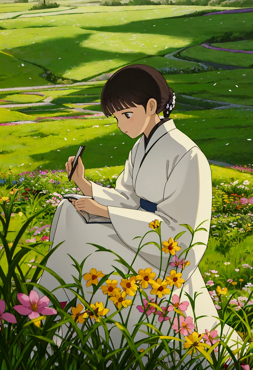 arafed woman sitting in a field of flowers reading a book, white hanfu, palace ， a girl in hanfu, girl sitting in a flower field, by Yang J, sitting in a field of flowers, in a field of flowers, in a cottagecore flower garden, hanfu, in a field with flowers, girl in flowers