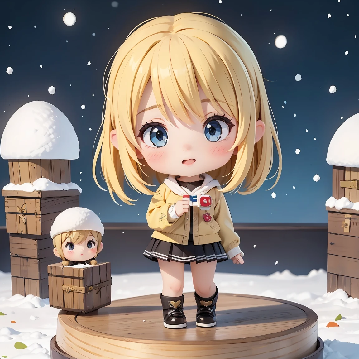  Super Chibi Character：1.8、background：Snow Scene、Blonde Hair、Cute 7 year old girl、Super Chibi Character：1.8、Miniskirt Police、Is saluting