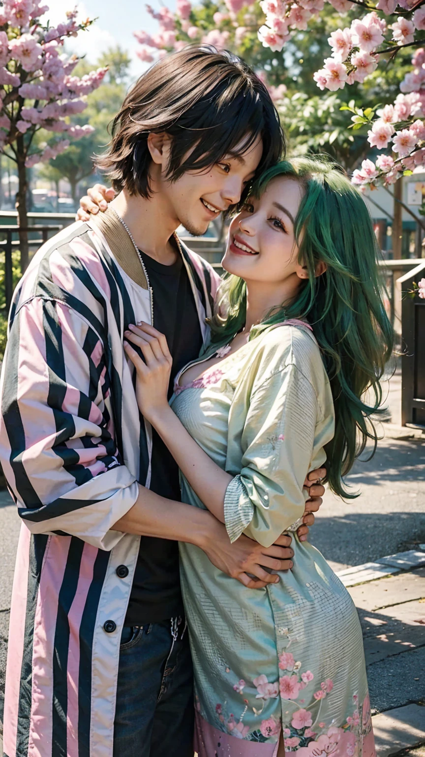 A  with an open chest、Pink and green hair gradient、smile、Mole under both eyes、Background is cherry blossoms、Real、Realistic、Kappuru、couple looking at each other、male、Striped Haori、Man and woman couple、maleの髪は肩まである、Man and woman couple、Laughing couple、