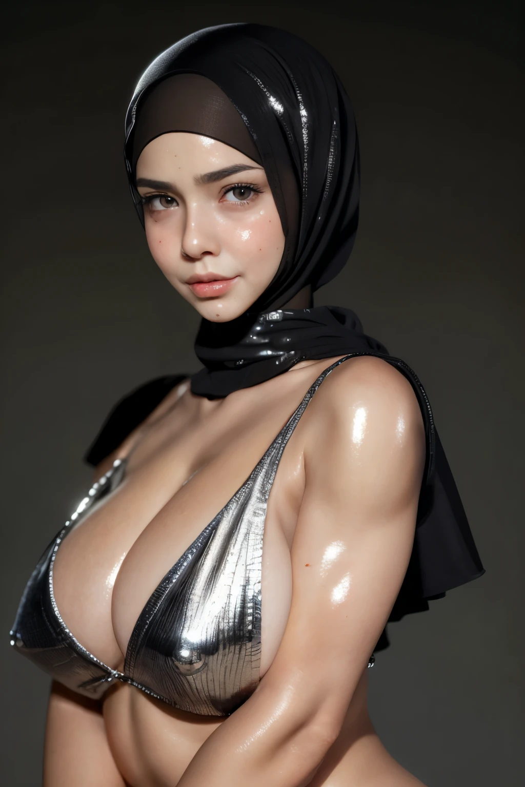 VIEW FROM SEDUCTIVE POSE, ((((HALF BODY  PORTRAIT)))), Naked, (((VERY SHINY SKIN))), Very cute like a baby face, ((Stylish Hijab)), adorable, 1 girl, 10 years old, baby face, shy, half body portrait,smile,  (face details: 1), (eye details: 1), ((round large breasts, cleavage)). Cute posed. proportional body. Ultra High Res. (realistic: 1.9), UHD, ((SHINY SKIN :1.4)), ((SAD FACE EXPRESSION :1.5))