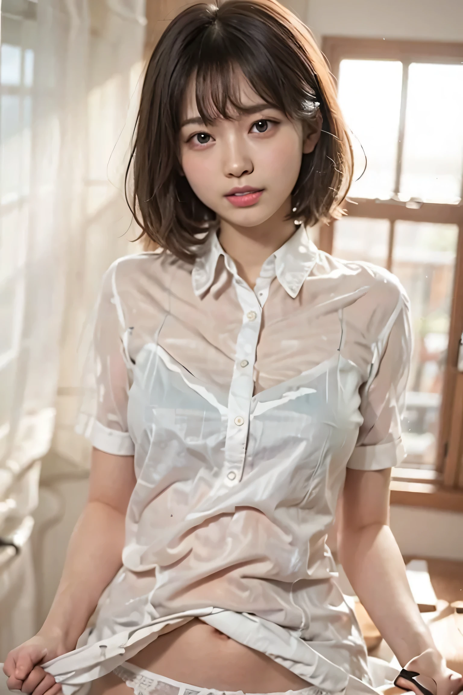 (Highest quality}, {masterpiece}, {16K, Very detailed}, {Beautiful Skin}, {Professional Lighting) {(One Girl:smile):(Showing teeth):(Double Eyes):(eye shadow)},{Very short hair:straight},whole body,{Glowing Skin} ,{{ (White tight camisole::See through:Nipples:1.1)}},{{Look at me sideways}}