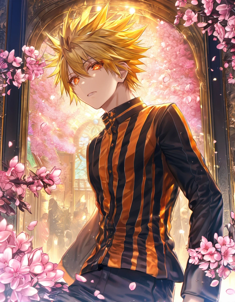 absurdres, highres, ultra detailed, HDR, master piece, best quality, Toma, blonde hair, spiked hair, expressive orange eyes, Amnesia, solo, sexy man, handsome, black-and-orange, long-sleeved shirt that is horizontally striped, over this he wears a short-sleeved black jacket with distinctive white lines running across on both sides, fantasy, shining, pink flowers, pink blossoms, pink butterflies, pink petals
