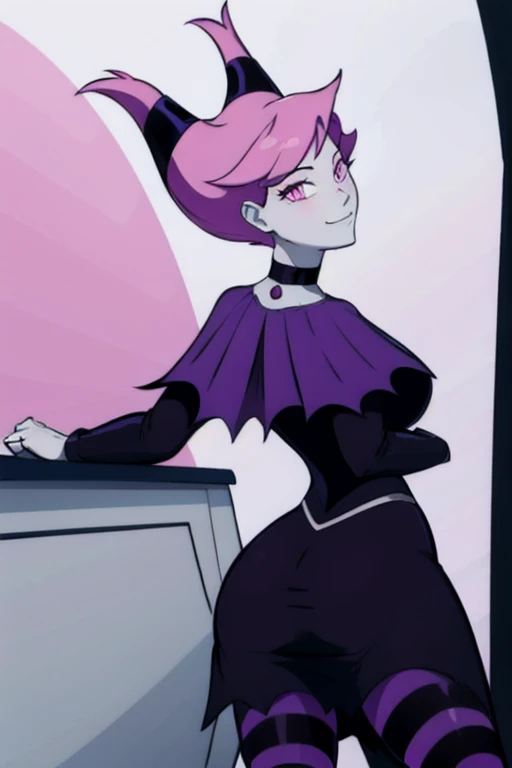 Jinx_Titans,   1girl, solo, pink eyes, pink hair, grey skin, hair up, pale skin, medium hair, hair horns, choker, striped pantyhose, capelet, black dress, jewelry, smile, cape, cloak, room leaning back, posing, from behind, ass support looking at viewer, 