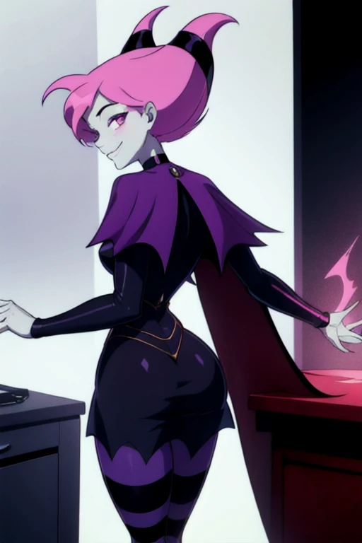 Jinx_TeenTitans,   1girl, solo, pink eyes, pink hair, grey skin, hair up, pale skin, medium hair, hair horns, choker, striped pantyhose, capelet, black dress, jewelry, smile, cape, cloak, room leaning back, posing, from behind, ass support looking at viewer, 