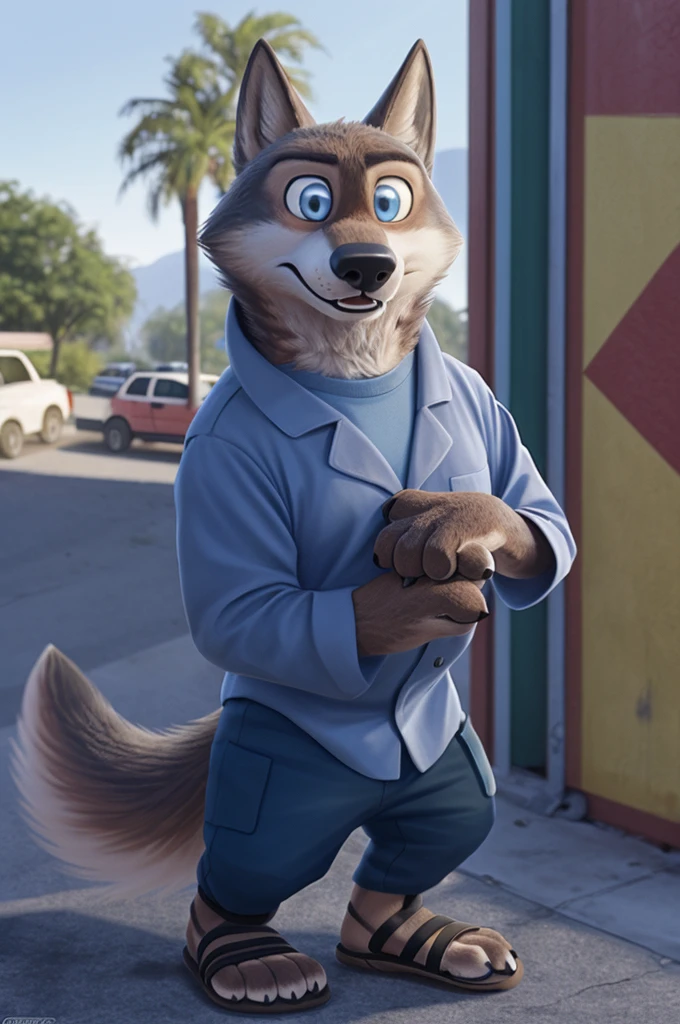 Emilia (Zootopia), Wolf, gray fur, (brown body:1.3), Blue eyes, Zootopia, dressed,blue shirt,blue chest pants,sandals,Female breast,canine, wolf, detailed fur, female, second, paw pads, finger claws, At the viewer, 5 fingers, paws, 5 fingers,I&#39;m sitting in the office and working,mood,open mouth, cameras with flash, Loves,pink Women,sandals каблуки, Female breast, 
BREAK from nextel, for dating, by xenoforge, (difficult, high detail, film photography, soft focus, RAW, fluororealism, realistic, photorealistic, analog style, subsurface scattering,стесняется носить sandals на каблуках, 
masterpiece, Best quality, ultra realistic, 8 thousand.)