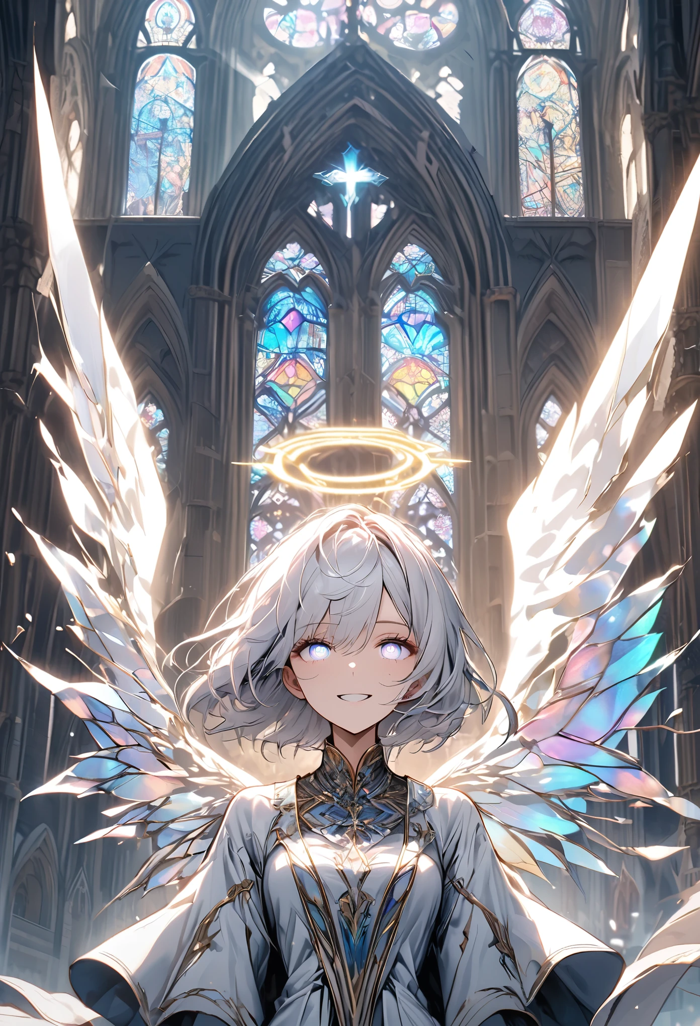 solo, female, from the waist up shot, short hair, hair blown up by the wind, iridescent eyes, church, stained glass, huge wings, iridescent wings, , angel, iridescent hair, wide smile, day, magic, gold, jewelry, holy aura, silver hair, floating, silver eyes, glowing eyes:0.5, silver wings, glowing wings, glowing hair, gold halo, glowing halo, halo, 