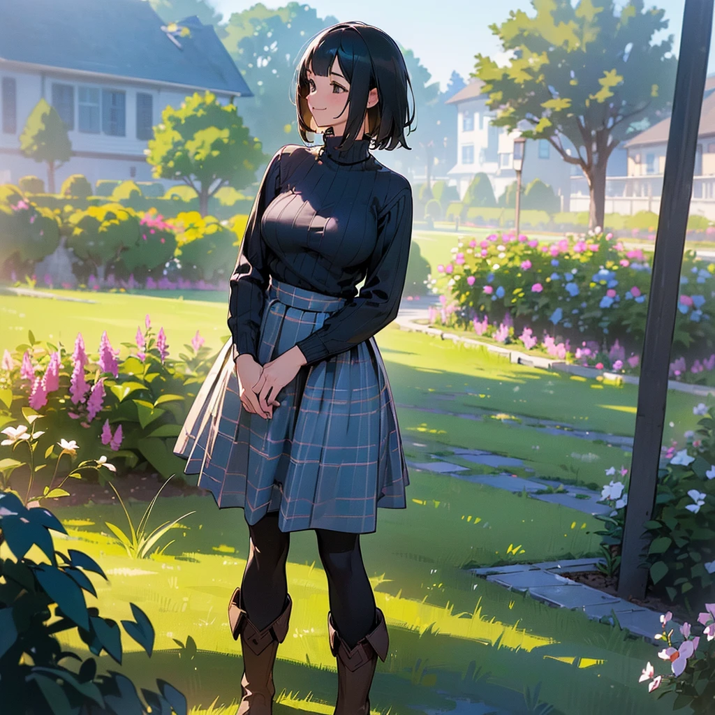 (high quality, High resolution, Super detailed, Realistic:1.37), Peaceful atmosphere, (Outdoor, garden), Teenage girl standing alone, (my breasts are big.), Beautifully detailed features, Cute Smile, (Black bob hair), Ribbed sweater, Blue plaid skirt, black tights, Brown boots.