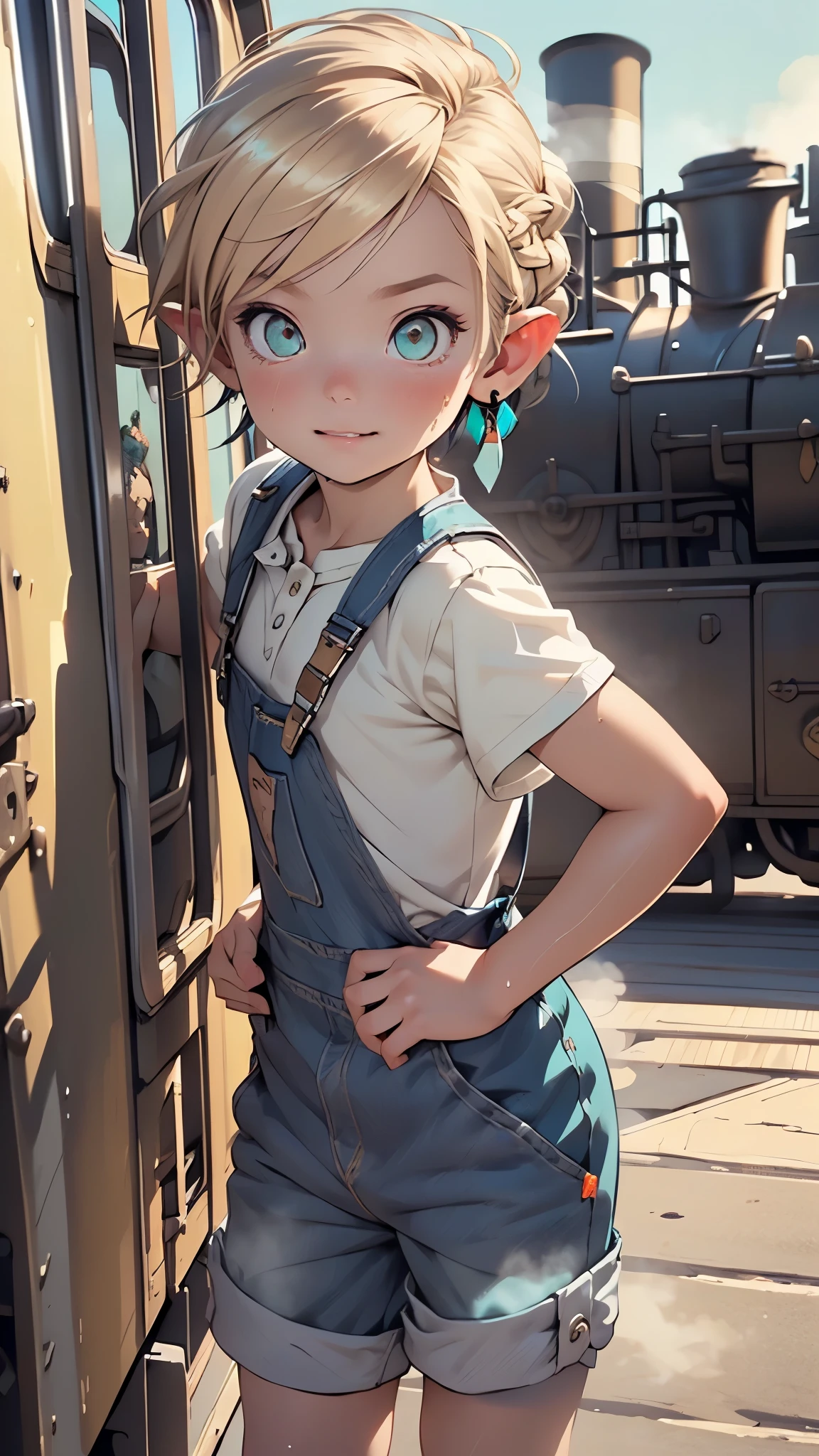 1,(1boy:1.5),-yeld:1.eenager,femboy,Libido boy,Female physiognomy,elf,(elf ears), (blonde archer),
little boittle boy,boy,d only,,1boy,magend)),
((blonde hair:1.5,short detailed hair,short blonde hair with a braid,braid adorned with white flowers)),(((turquoise_eyes:1.3))),intricate eyes,beautiful detailed eyes,symmetrical eyes,big eyes:1.5,child's chest,((kid body,a little chubby,good anatomy,accurate body proportions,detailed shota body for young boy:1.3,))),(thick thighs,wide hips,shota,1boy,young delicate prince), ((flat chested, flat stomach, baby face)),
((nsfw)),cute round butts)),sexy,((wet body)),torso shown,
((cheeky overalls shorts:1.5,overalls,jean overalls,cuffed overalls,shirtless:1.5,overalls over skin:1.5,bare shoulders,bare sleeves,bare arms)),(moon earrings),(tiny bulge on overalls),(steampunk turquoise bandages on arms),
(erotic pose:1.0),happy,soft smile,slight smile,(centered,scale to fit dimensions,Rule of thirds),facing forward,side cut,
victorian age railway station in background, ((steam locomotive in background:1.3)), victorian age, steampunk style,scenery:1.25,((intricate scenery)),((steampunk decorations)),
(Glossy steampunk ornaments),highres,sharp focus,(ultra detailed,extremely detailed),(photorealistic artwork:1.37),(extremely detailed CG unity 8k wallpaper),(((vibrant colors,vibrant theme))),(intricate),(masterpiece),(best quality),artistic photography,(photography taken by sldr),(intricate background),perfect rendered face,perfect face details,realistic face,photo realistic,((intricate detail)),(((realism))),