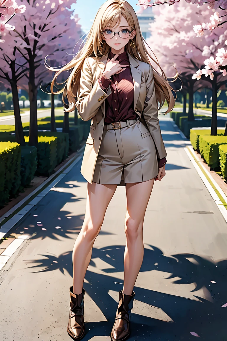 ((Highest quality)),(超High resolution),(非常にdetailed),(detailed Description),((The best CG)),(masterpiece),Ultra-detailed art、(Highest quality、8k、32K、masterpiece)、(Realistic)、(Realistic:1.2)、(High resolution)、非常にdetailed、とても美しいfaceとeye、1 female、((細いeye、垂れeye:1.4、fine grain))、Tight waist、Delicate body、(Highest quality、Attention to detail、Rich skin detail)、(Highest quality、8k、Oil paints:1.2)、非常にdetailed、(Realistic、Realistic:1.37)、Bright colors、 face: 大きなeye、Sharp jaw、Thin eyebrows、整ったface立ち 髪型: Straight long hair、The bangs are straight and fall on the forehead.: Light brown or platinum blonde skin: Light skin tone、Smooth and healthy skin clothing: tops: A tight-fitting uniform jacket、Knee Length Accessories: Simple Earrings、Watches Shoes: Loafers or short boots Other features: Performance: 穏やかで優しい笑faceのポーズ: standing naturally、or、Background with hands lightly placed on hips: School corridor、or自然の風景（Under the cherry blossoms） detailed: eye: 大きくて輝くeye、 Hair swaying as if blown by the wind.、Give it a glossy look，Glasses,teacher