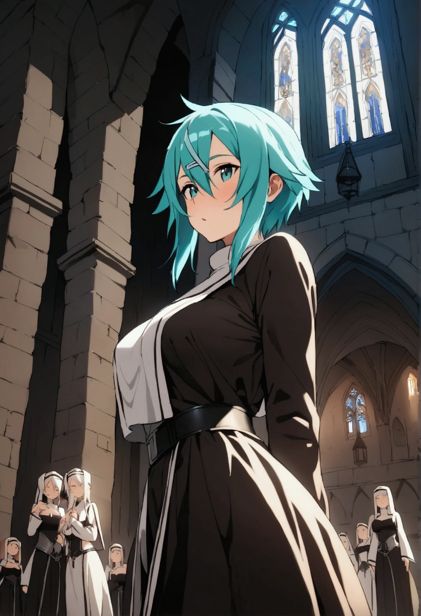 NSFW,masterpiece,Highest quality,High resolution,Very detailed,Sinon\(Sword Art Online\),(Sister),Nuns,Monastic uniform,slit,Medieval Europe,castle town,church