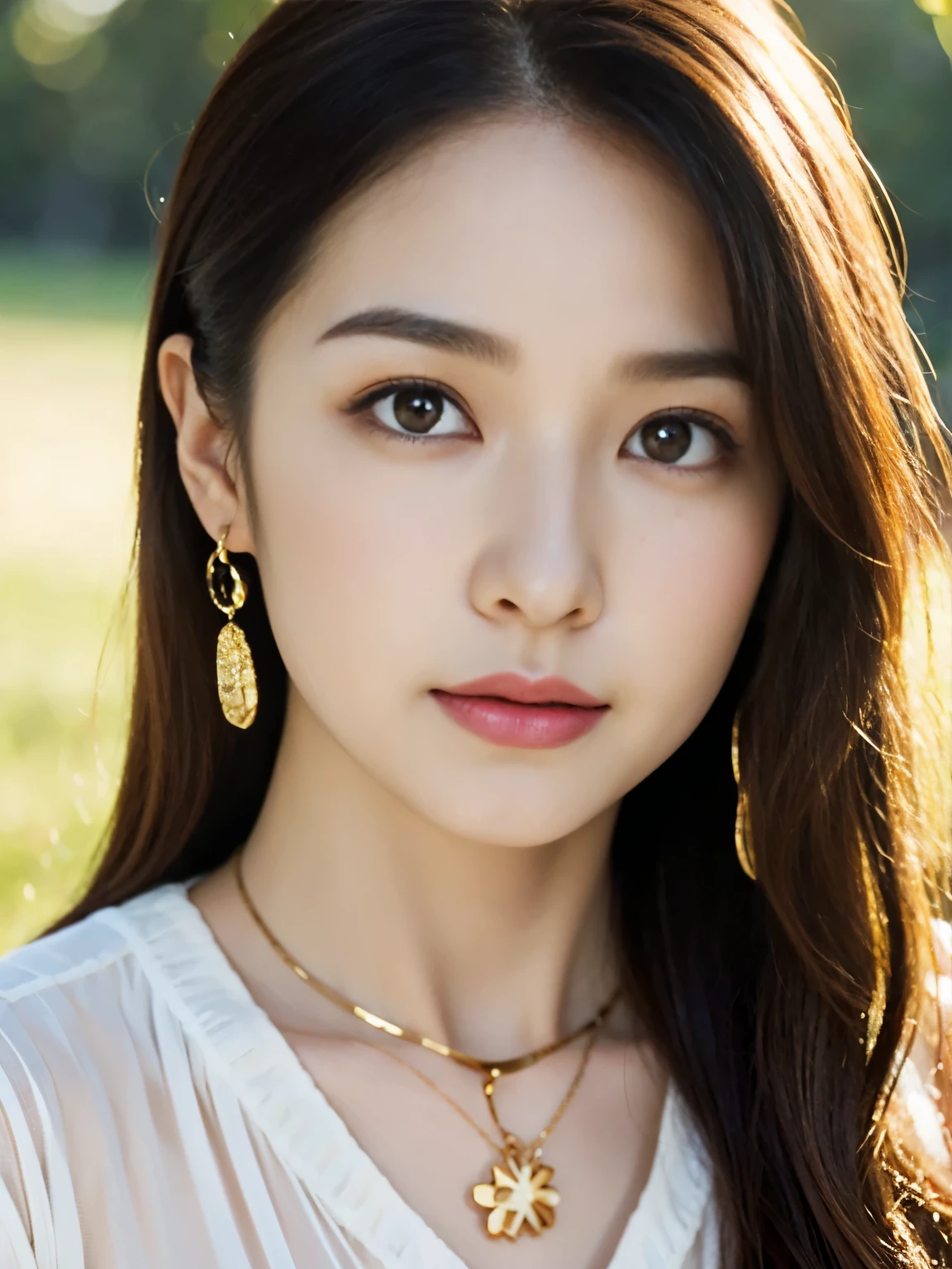 Close-up, sitting on a chair, Gorgeous Young Korean Woman, 1 girl 30 yeas old,　(middle hair, brown hair, fringe,  Tears, Thin outer eyebrows, Small eyes、Eyes are small compared to the face, little smile), (gold ring earring, gold neckless),(Chest visible, middle breasts, middle hip), (white blouse,White clothes are very transparent ),