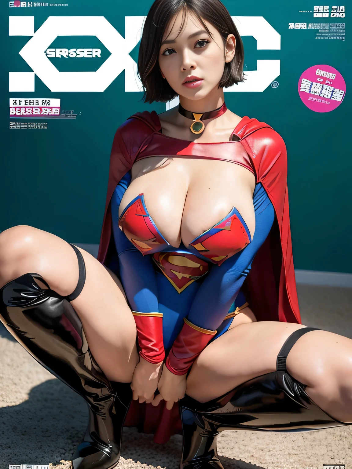 masterpiece、Rubber Supergirl Costume、short hair、Rubber Long Boots、Big and ample breasts、looking at the camera、choker、Long sleeve、Cape、mini skirt、Off the shoulder、Sweaty skin、Hospital room、Photo magazine cover、Glamorous cleavage、Boasting beautiful legs、High leg leotard、Knee-length boots、wallpaper for pc、