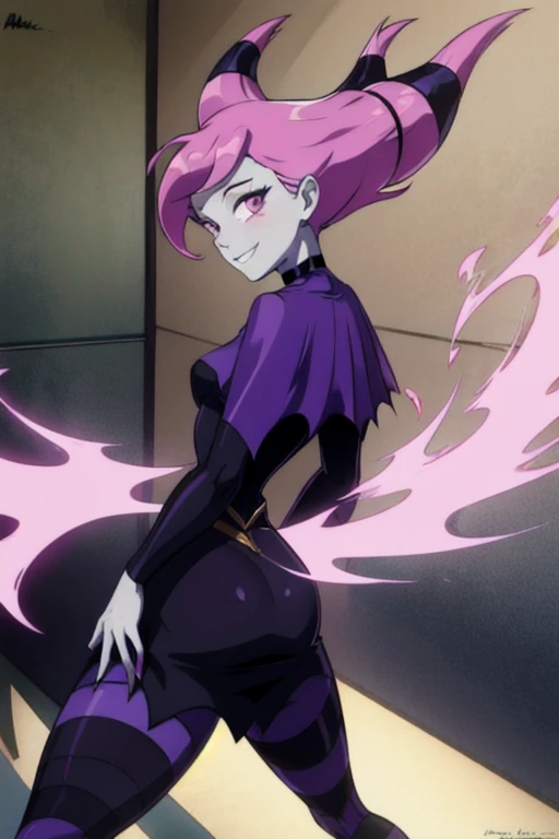 Jinx_TeenTitans,   1girl, solo, pink eyes, pink hair, grey skin, hair up, pale skin, medium hair, hair horns, choker, striped pantyhose, capelet, black dress, jewelry, smile, cape, cloak, room leaning back, posing, from behind, ass support looking at viewer, 