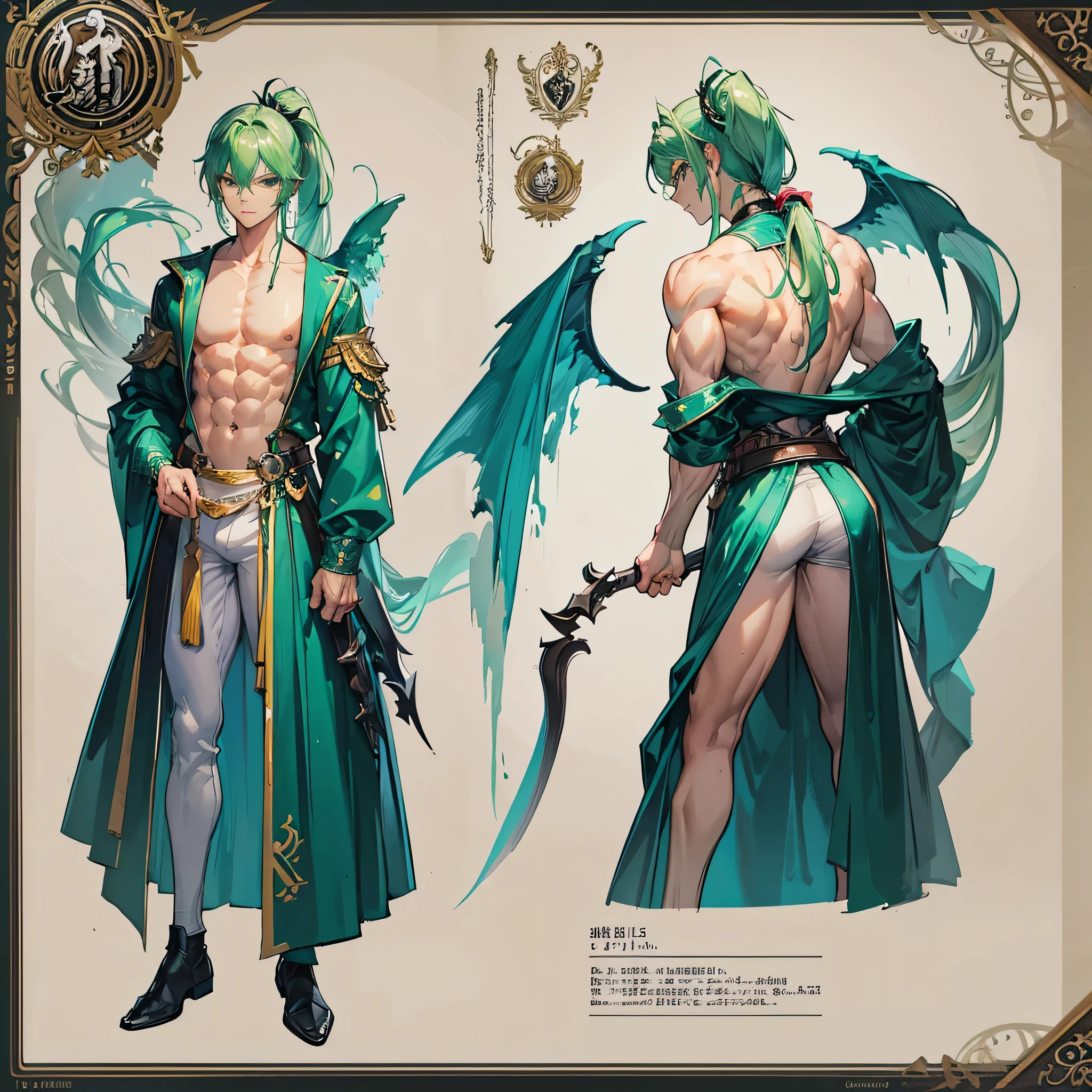(Masterpiece, best quality), detailed, 1 man, ((character concept art)), ((character design sheet, same character, front, side, back)), full body, body complete, 1 Male angel, 1 Man angel, Detailed face, character design sheet,full bodyesbian, Highly detailed, character sheet, character design, Many parts, dark skin, angel wings, long ponytail green hair, angel outfit, muscle male god, male clothes, masculine, muscle man, male muscle, manly, male angel, Muscle male long ponytail green hair,beautiful man, beautiful muscle man, abs, pectoral muscle
