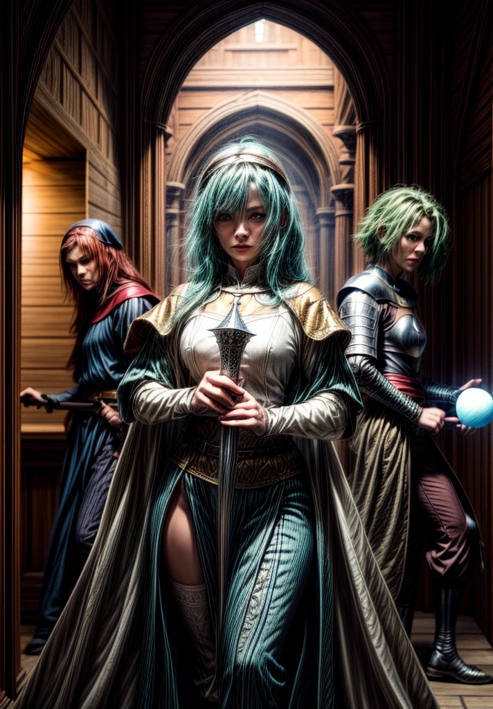 ((2 men: 2), (1 woman :2), (Medieval world: 2):1.5). ((redhead woman, blue eyes, White shirt, blue skirt, sword in hand. Homem moreno de blue eyes escuro, villager outfit and holds glowing white sphere. green hair man, jumpsuit and holds bright blue sphere. Red eyes with fluctuating energies, medieval city): 2). (fantasy style: 2). extremely detaild, 8k, HdR, natural light, cinematic lighting, masterpiece-anatomy-perfect, ultra HD, raw photo, professional, ultra-fine painting, perfect body proportions, Anatomically correct, UHD, real texture material, anti-aliasing, FKA, THAI, SSAO, Post processing, Post Production, Tone Mapping, cgi, VFX, SFX, Hyper maximalist, volumetric, ultra photorealultra-detailed intricate details.alultra-detailed intricate details.