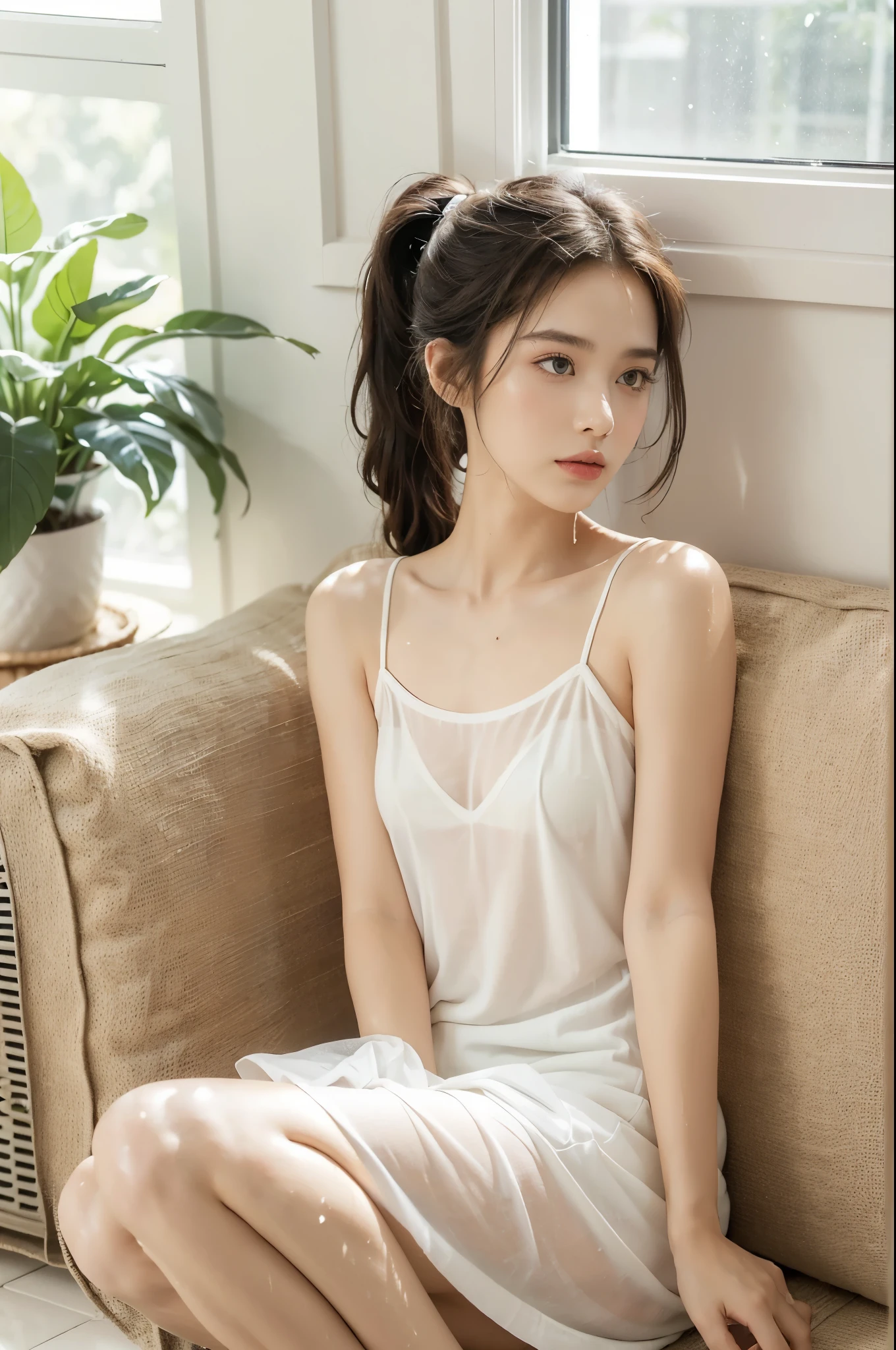 (((best quality))), (((ultra detailed))), (((masterpiece))), illustration,(summer afternoon:1.3),(a beautiful girl,solo),(short ponytail:1.2),((slim,thin)),((small breasts,flat chest)),((sweat,wet)),(white sheer sundress:1.3), tan skin, delicate features, white polka dots, loose flowing dress, comfortable fit, (sitting on the floor:1.3),(beside the air conditioner:1.3),relaxing, enjoying cool air,blowing air, cozy couch, coffee table, soft blue walls, plants, greenery, window, sunlight, sheltered from heat, cool refreshing environment, lazy summer day, bearable heat, serene expression, comfortable attire, sense of peace, relaxation, delightful,((from front,upper body))