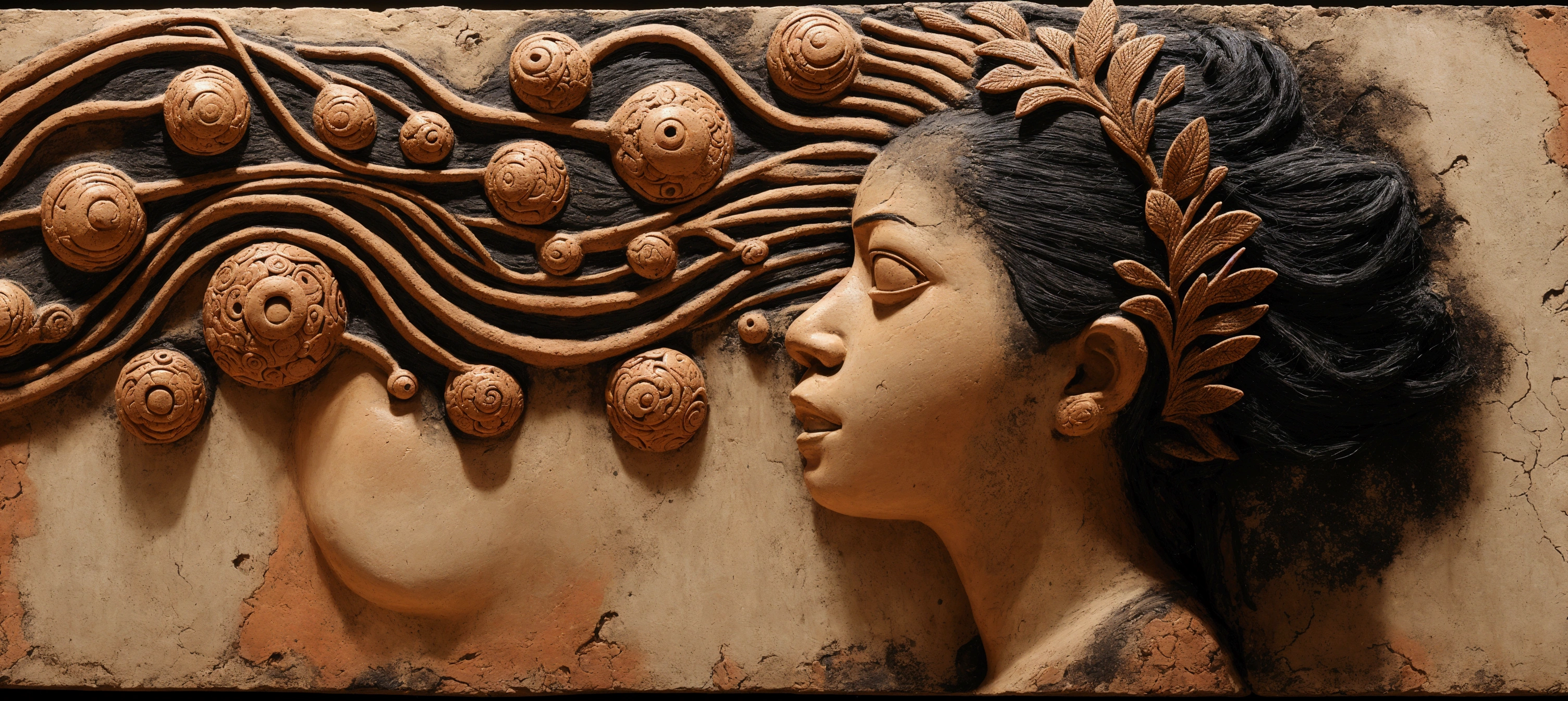There is a woman wearing a headdress in front of the wall, Maya, 3d goddess portrait, naoto hattori, naoto hattori, Surreal mixed media, goddess close-up portrait, Mixed media in clay form, detailed portrait, author:Kurt Roesch, Meticulous woman, 3D Clay Sculpture, Complex oil paintings, Portraits, Stunning artwork