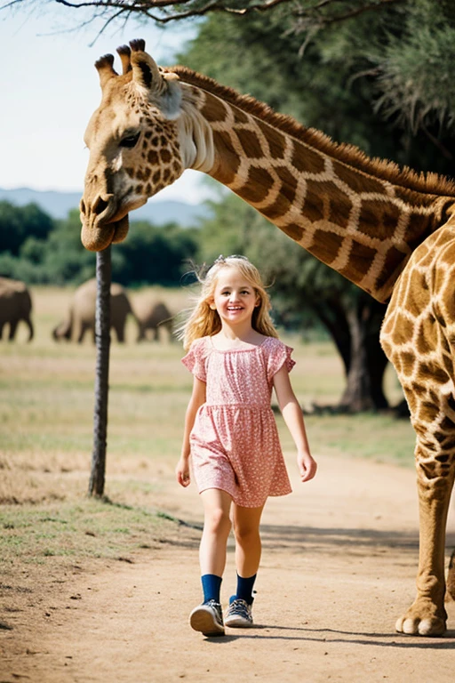 A cute 5  blonde girl walking with a lion,giraffe, very, elephants