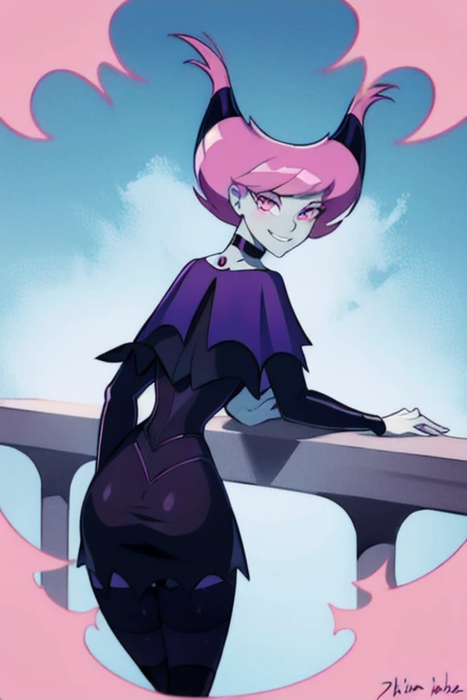 Jinx_TeenTitans,   1girl, solo, pink eyes, pink hair, grey skin, hair up, pale skin, medium hair, hair horns, choker, striped pantyhose, capelet, black dress, jewelry, smile, cape, cloak, room leaning back, posing, from behind, ass support looking at viewer, 