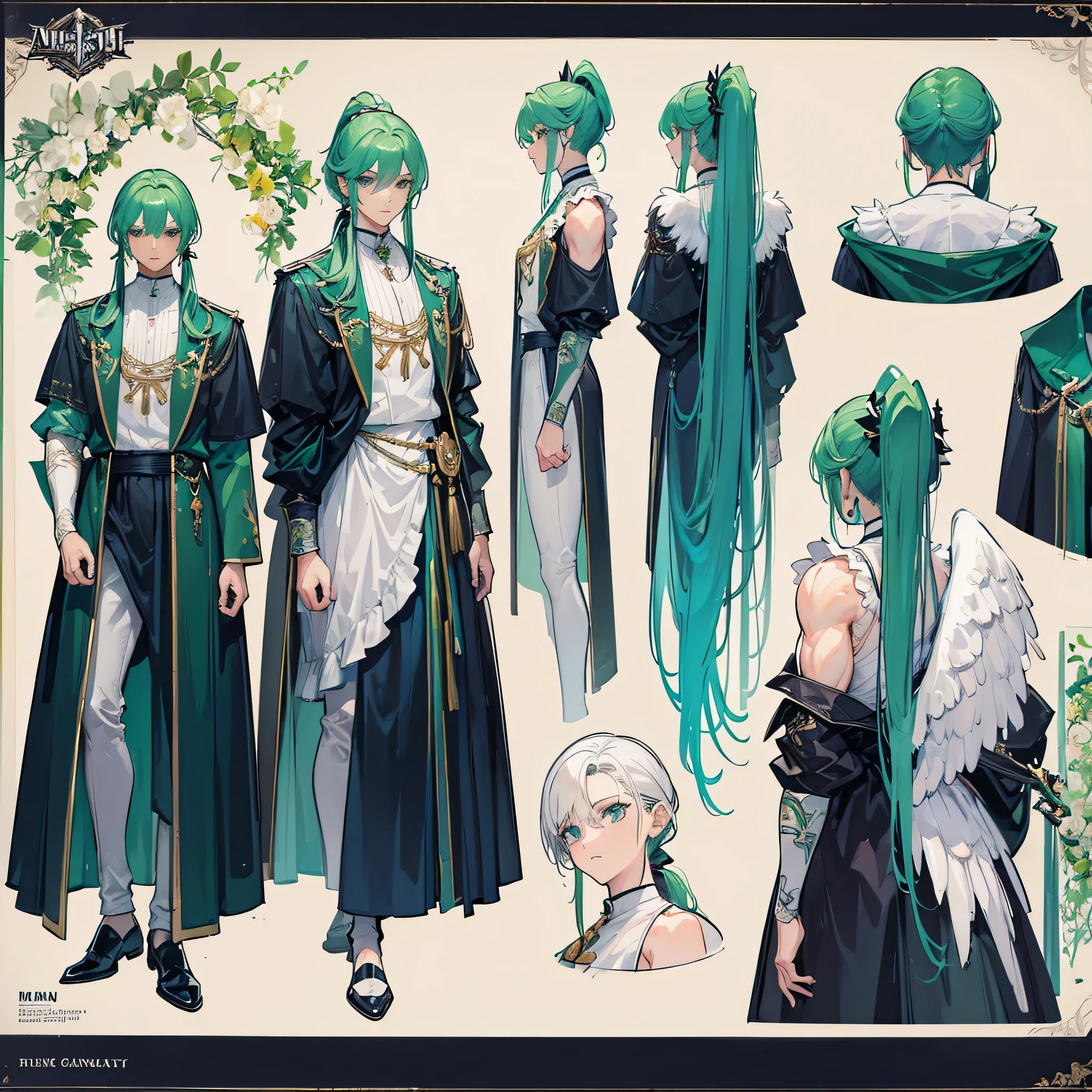 (Masterpiece, best quality), detailed, 1 man, ((character concept art)), ((character design sheet, same character, front, side, back)), full body, body complete, 1 Male angel, 1 Man angel, Detailed face, character design sheet，full bodyesbian, Highly detailed, character sheet, character design, Many parts, dark skin, angel wings, long ponytail green hair, angel outfit, muscle male god, male clothes, masculine, muscle man, male muscle, manly, male angel, Muscle male with long ponytail green, hair，beautiful man, beautiful muscle man