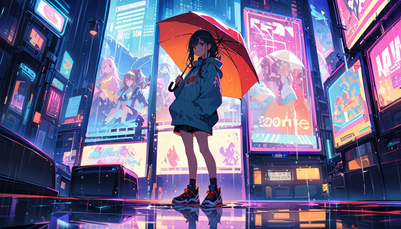Highest quality, 1 girl, alone, A loose fitting jumper, short, Basketball Shoes, Ankle socks, whole body, Future city at night、The neon lights are beautiful、rain、umbrella、Wet and reflective