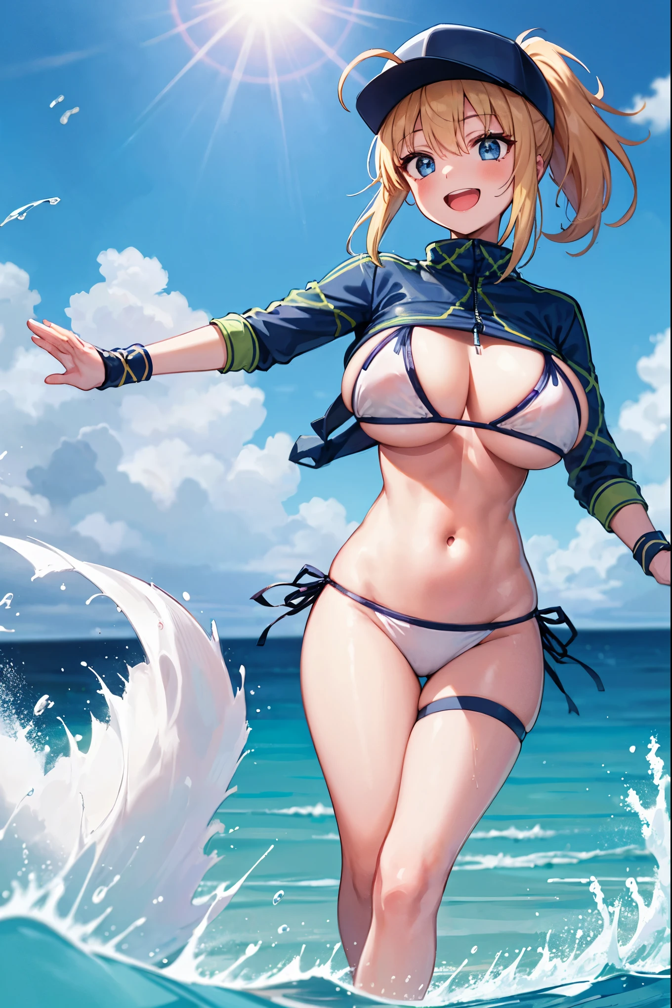 masterpiece,(ultra-detailed),1girl, mysterious heroine xx \(fate\), half_eyes,smile,open mouth, swimsuit, white bikini, side-tie bikini bottom, shrug \(clothing\), jacket,  thigh strap, wristband,  large_boobs, ocean_landscape, splashing,blonde_ponytail,open_legs,cap,happiness,,dynamic_standing,