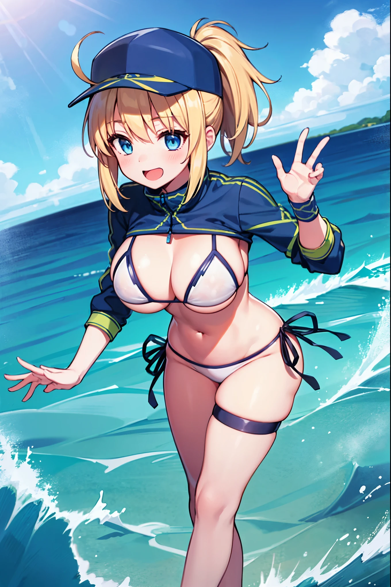 masterpiece,(ultra-detailed),1girl, mysterious heroine xx \(fate\), half_eyes,smile,open mouth, swimsuit, white bikini, side-tie bikini bottom, shrug \(clothing\), jacket,  thigh strap, wristband,  large_boobs, ocean_landscape, splashing,blonde_ponytail,open_legs,cap,happiness,,dynamic_standing,