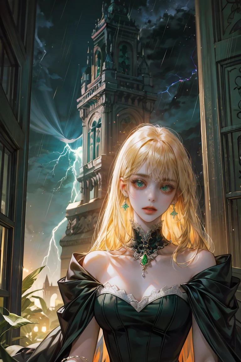 8k, complex, elegant, Very detailed, majestic, digital photography, surreal painting, defeat magic, night garden, blue tones,Winding lightning, (masterpiece, side light, fine and beautiful eyes: 1.2), HdR, (bright green eyes)), victorian dress, (bright tattoo), Chica elegant, cana, musculature, White skin, Raining, elegant, in front of the camera, masterpiece, different hair colors, black hair and blonde hair, noticeable height difference, slender girl, robust muscular boy 