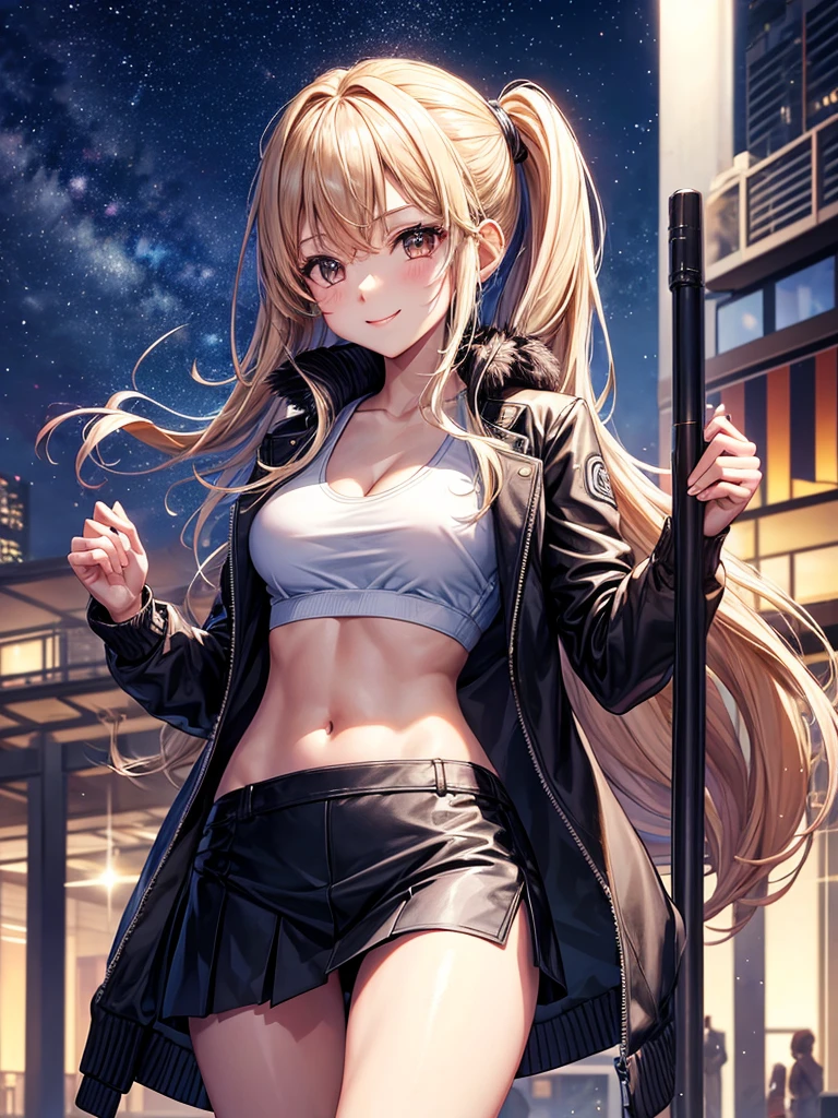 (masterpiece), best quality, expressive eyes, perfect face, highres,  (female body:1.3), gilgamesh girl, GilgameshCasual,1 girl, solo, long hair, Blonde hair, brilliant red eyes, finely eye and detailed face, white shirt, black jacket, open jacket, black pants, night city background, smiling, arrogant, standing, portrait, looking at the viewer