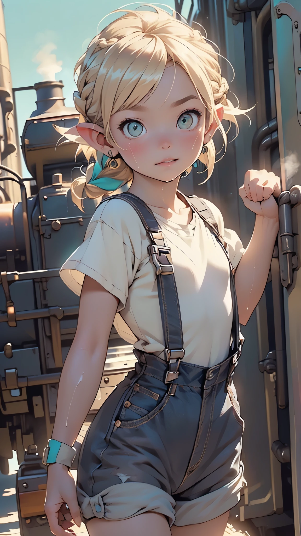 1,(1boy:1.5),-yeld:1.eenager,femboy,Libido boy,Female physiognomy,elf,(elf ears), (blonde archer),
little boittle boy,boy,d only,,1boy,magend)),
((blonde hair:1.5,short detailed hair,short blonde hair with a braid,braid adorned with white flowers)),(((turquoise_eyes:1.3))),intricate eyes,beautiful detailed eyes,symmetrical eyes,big eyes:1.5,child's chest,((kid body,a little chubby,good anatomy,accurate body proportions,detailed shota body for young boy:1.3,))),(thick thighs,wide hips,shota,1boy,young delicate prince), ((flat chested, flat stomach, baby face)),
((nsfw)),cute round butts)),sexy,((wet body)),torso shown,
((cheeky overalls shorts:1.5,overalls,jean overalls,cuffed overalls,shirtless:1.5,overalls over skin:1.5,bare shoulders,bare sleeves,bare arms)),(moon earrings),(tiny bulge on overalls),(steampunk turquoise bandages on arms),
(erotic pose:1.0),happy,soft smile,slight smile,(centered,scale to fit dimensions,Rule of thirds),facing forward,side cut,
victorian age railway station in background, ((steam locomotive in background:1.3)), victorian age, steampunk style,scenery:1.25,((intricate scenery)),((steampunk decorations)),
(Glossy steampunk ornaments),highres,sharp focus,(ultra detailed,extremely detailed),(photorealistic artwork:1.37),(extremely detailed CG unity 8k wallpaper),(((vibrant colors,vibrant theme))),(intricate),(masterpiece),(best quality),artistic photography,(photography taken by sldr),(intricate background),perfect rendered face,perfect face details,realistic face,photo realistic,((intricate detail)),(((realism))),