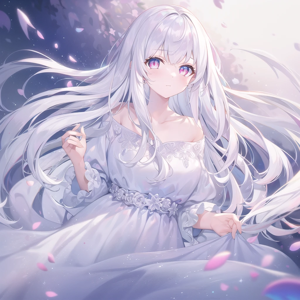 ((masterpiece, best quality))++, Detailed lighting+, Detailed hair+, Detail hand+ ,1 girl, Miss, Long hair, Crimson eyes, beautiful eyes, young white hair,,(Beautiful white hair:1.5),(Beautiful and delicate eyes), high resolution+,glass tint, Reflective eyes, {{angle}} , Very detailed wallpaper, The original, Air bangs,Extremely beautiful CG,Firefly,Galaxy,Shattered like a mirroghting,Galaxy